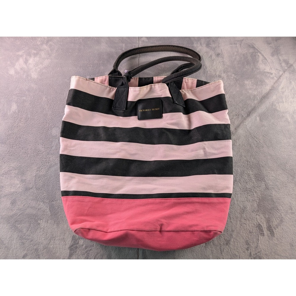 Victoria's Secret Pink Black Striped Canvas Tote Bag Logo Patch Handbag